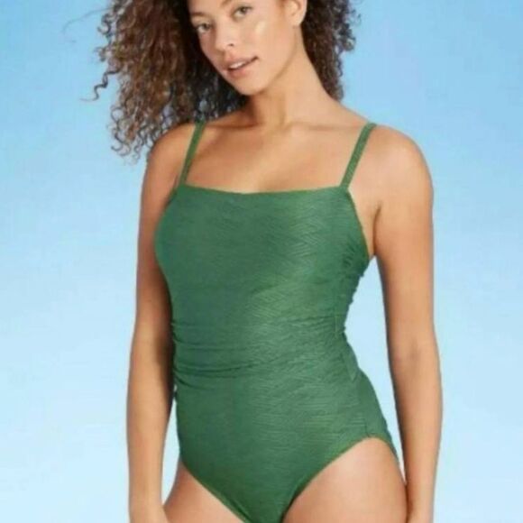 NWT Kona Sol One Piece High Coverage Bathing Suit Basketweave Green 16W - Picture 3 of 9